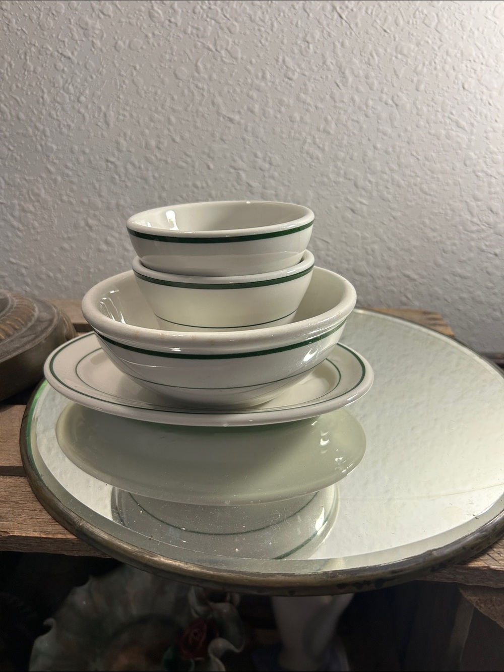 Classic White Dinnerware Set with Green Rim - 4-Piece Cottage Core